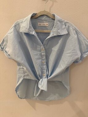 Zara Light Blue Tie-Front Cotton Shirt